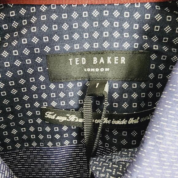 NWT Ted Baker Lait Navy Blue Dobby Geo Print Button Down Shirt Cotton Size 1 34 - Picture 5 of 13